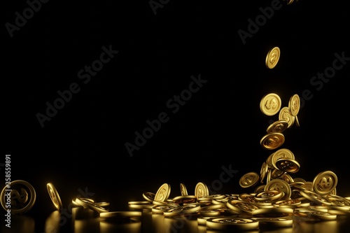 gold coin drop on black background copy space .3D Rendering.