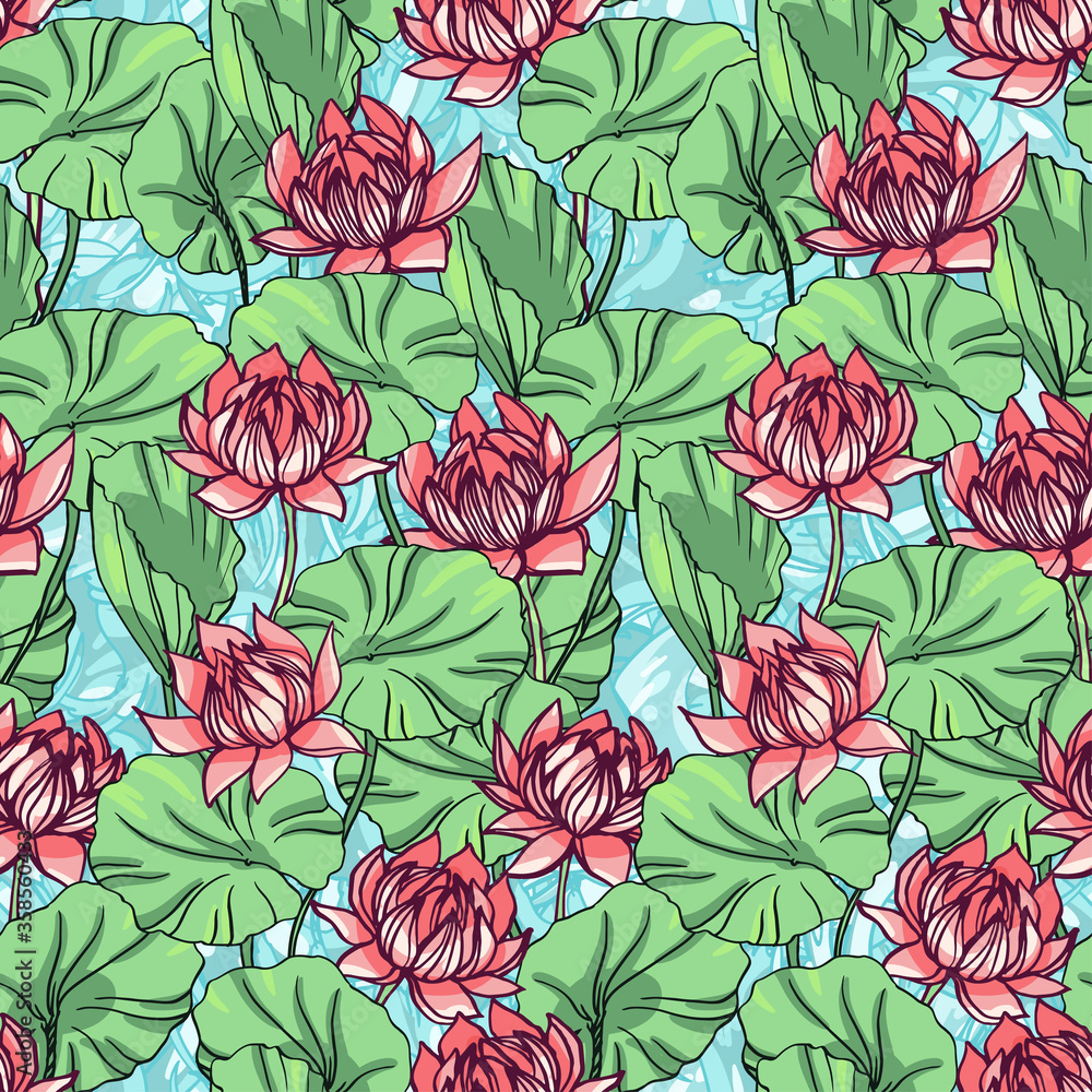 Realistic detailed hand drawn tile pattern of blooming lotus flowers and leafs on a background of water waves. Graphic tattoo style image. Textile, clothes, fabric, paper print. Realistic detailed hand drawn tile pattern of blooming lotus flowers and leafs on a background of water waves. Graphic tattoo style image. Textile, clothes, fabric, paper print.