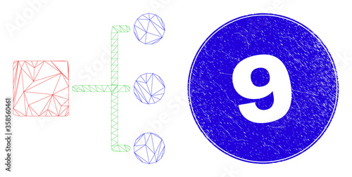 Web carcass hierarchy icon and 9 stamp. Blue vector rounded textured stamp with 9 text. Abstract carcass mesh polygonal model created from hierarchy icon.