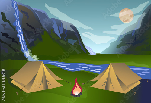 Vector illustration of camping in night time with beautiful view on mountains. Family camping evening time. Tent, fire, forest and rocky mountains background