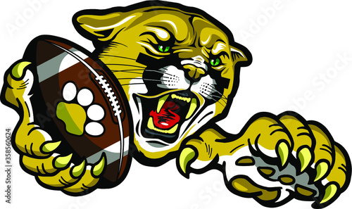 cougar football mascot holding ball in claw for school, college or league