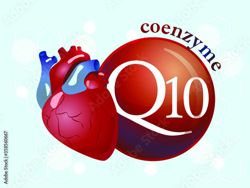 Coenzyme q10 and heart. Substance for maintaining cardiac activity. Basics of a healthy lifestyle. Great for label design, icon, logo, poster, banner