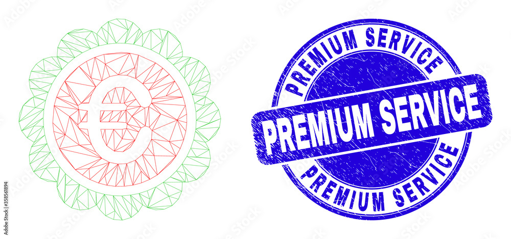 Obraz premium Web mesh euro award icon and Premium Service stamp. Blue vector round grunge stamp with Premium Service caption. Abstract frame mesh polygonal model created from euro award icon.