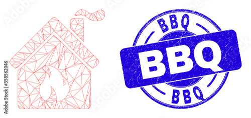 Web carcass kitchen building pictogram and BBQ seal stamp. Blue vector rounded scratched seal stamp with BBQ text. Abstract carcass mesh polygonal model created from kitchen building icon.