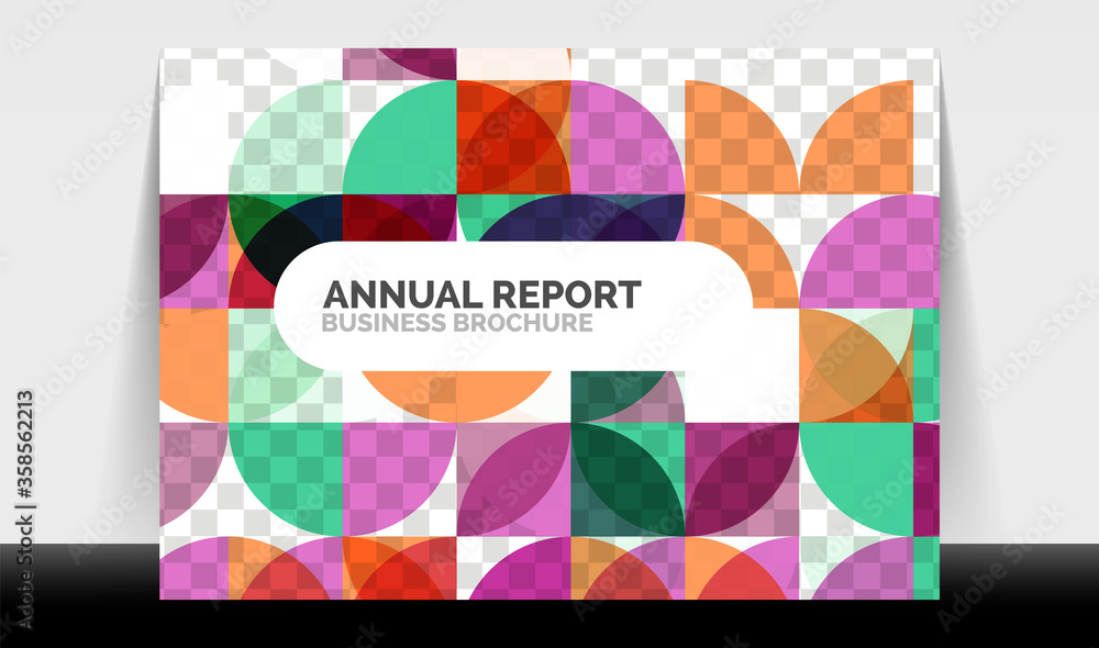 Horizontal A4 business flyer annual report template, circles and triangle style shapes modern geometric design for brochure layout, magazine or booklet Horizontal A4 business flyer annual report template, circles and triangle style shapes modern geometric design for brochure layout, magazine or booklet