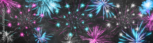 FIREWORK background banner panorama - Colorful festive firework in summer party / silvester, in the dark night