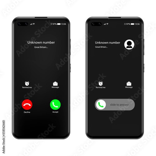 Realistic black smartphone on isolated background, call screen, call interface, incoming call on smartphone screen, vector illustration