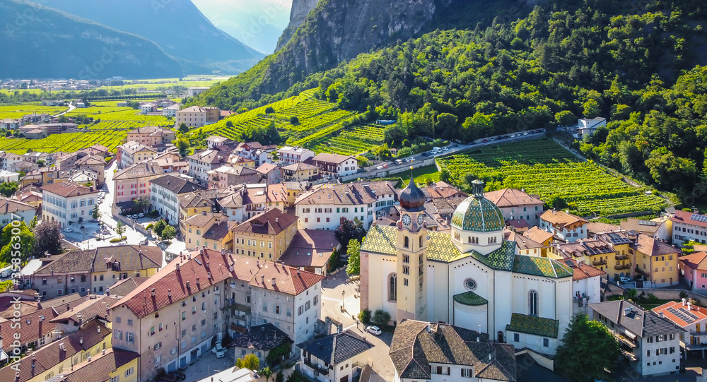 aerial view of the village of Mezzocorona in Trentino Alto Adige -  northern Italy: charming village in the heart of the Piana Rotaliana Königsberg