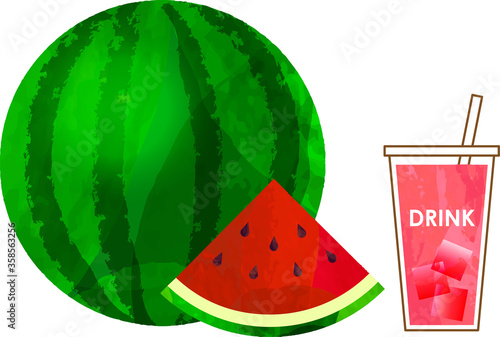 スイカとドリンクのカットイラスト、スイカジュース、watermelon
