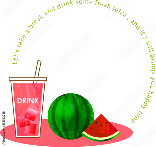スイカとドリンクのカットイラスト、コピースペース、スイカジュース、watermelon
