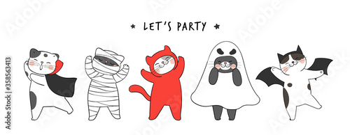 Fototapeta Naklejka Na Ścianę i Meble -  Draw banner cute cat For Halloween day.Doodle cartoon style.