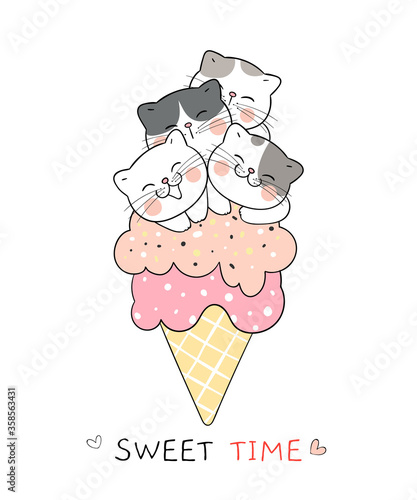 Draw cat in ice cream cones.Sweet color.
