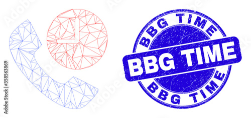 Web mesh phone call time icon and Bbg Time seal stamp. Blue vector rounded distress seal with Bbg Time caption. Abstract carcass mesh polygonal model created from phone call time icon.