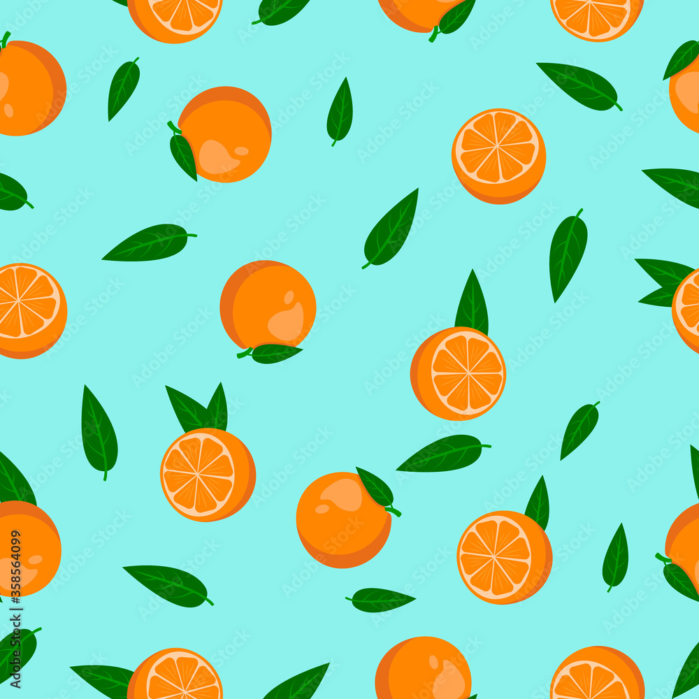 Fruit seamless pattern. Summer vector background with whole and half an orange on a blue background. For the design of fabrics, packaging and wallpapers. Fruit seamless pattern. Summer vector background with whole and half an orange on a blue background. For the design of fabrics, packaging and wallpapers.