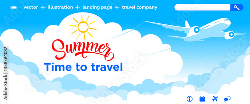Airplane in the blue sky with clouds. Air ticket sale - Landing page template. Sky scenery background - dark blue sky, clouds, flying planes, website icons. Vector illustration