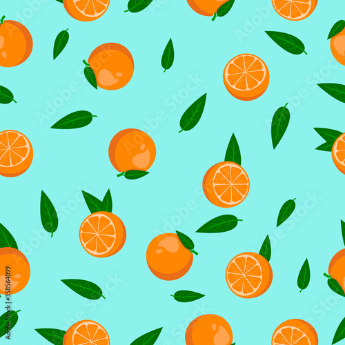 Fruit seamless pattern. Summer vector background with whole and half an orange on a blue background. For the design of fabrics, packaging and wallpapers.