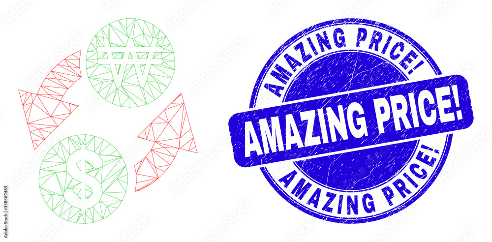 Obraz premium Web mesh dollar exchange korean won icon and Amazing Price! stamp. Blue vector round textured stamp with Amazing Price! phrase.