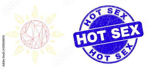 Web mesh sun icon and Hot Sex seal. Blue vector round grunge seal with Hot Sex title. Abstract frame mesh polygonal model created from sun icon. Linear frame 2D mesh in eps10 vector format.