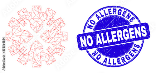 Web mesh tools gear pictogram and No Allergens seal stamp. Blue vector round distress seal stamp with No Allergens caption. Abstract carcass mesh polygonal model created from tools gear pictogram.