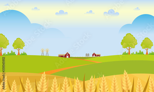Flat design farm landscape background. Vector cartoon style .