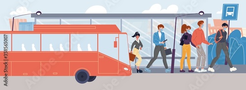 People in respiratory face mask keep social distance get off at bus stop. Man woman maintain safe space between passenger to avoid viral infection. Walking city dweller characters at station platform