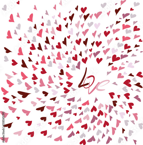 Background with hearted and word love. Hand-drawn ornament, heart pattern.