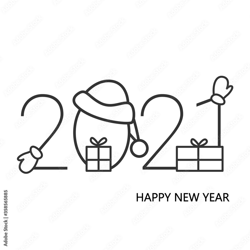 2021 New year lettering with snow man, santa cap and present boxes. Linear calligraphy for Christmas party invitation, winter fair, season sale announce and banner. Editable vector illustration 2021 New year lettering with snow man, santa cap and present boxes. Linear calligraphy for Christmas party invitation, winter fair, season sale announce and banner. Editable vector illustration