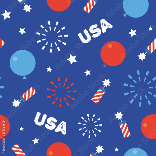 A seamless pattern design of the 4th of July theme. American Independence Day flat vector background with stars, balloons and fireworks in blue and red colors