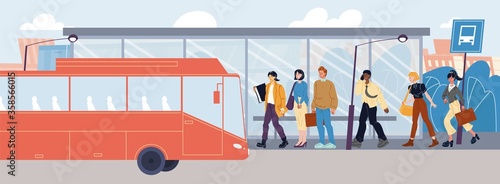 Multinational people without facial mask waiting vehicle at public transport station. Man woman character queue at bus stop. Office worker, student city dweller passengers entering to arrived motorbus