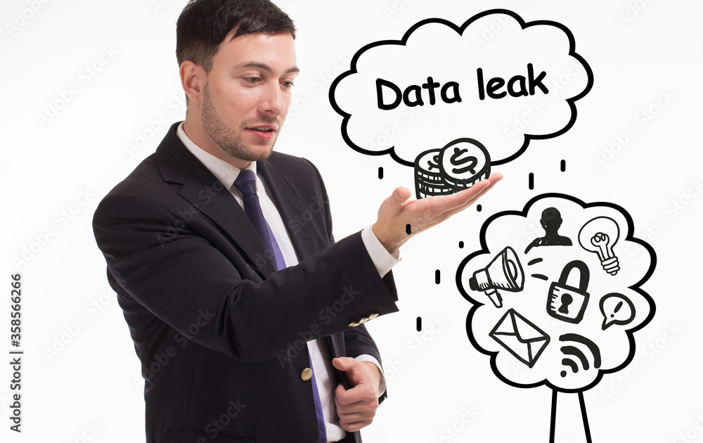 Business, technology, internet and network concept. Young businessman thinks over the steps for successful growth: Data leak Business, technology, internet and network concept. Young businessman thinks over the steps for successful growth: Data leak