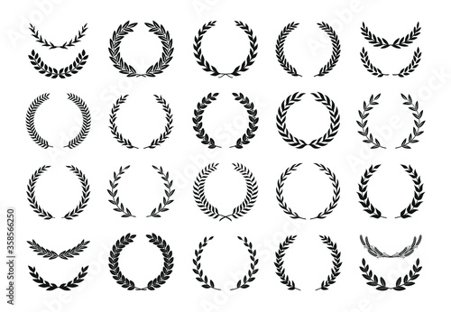Set of different black and white silhouette round laurel foliate and wheat wreaths depicting an award, achievement, heraldry, nobility, emblem, logo. Vector illustration.
