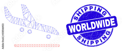 Web mesh airplane arrival icon and Shipping Worldwide seal. Blue vector rounded textured seal with Shipping Worldwide text.