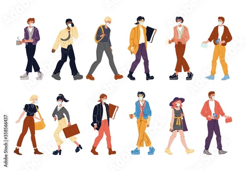 Walking people wearing protective face mask set. Young multi-ethnic man woman worker, student using respiratory medical filter to avoid viral infection. Protect health from coronavirus, air pollution