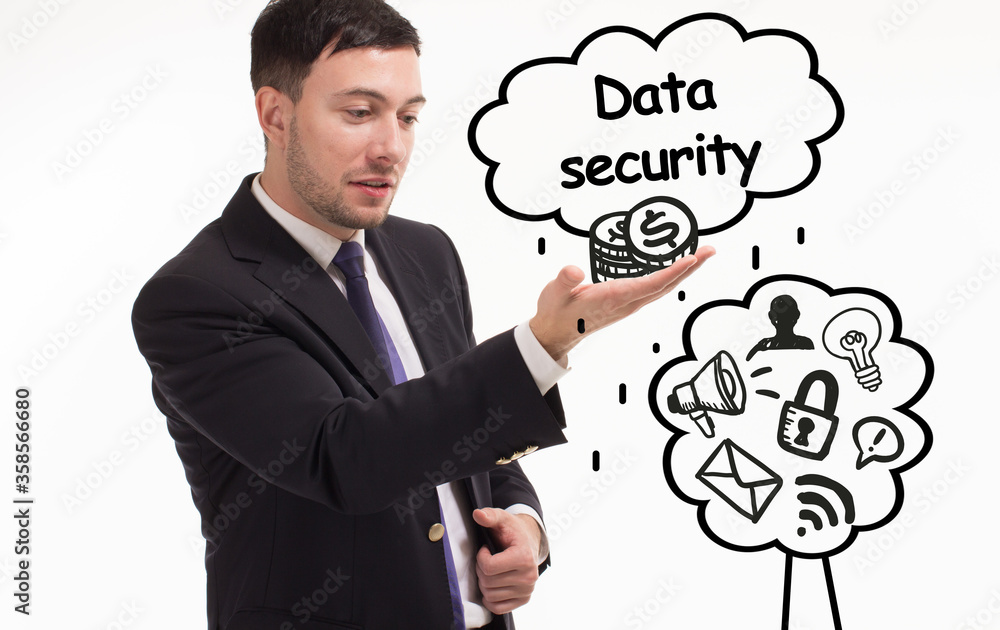 Business, technology, internet and network concept. Young businessman thinks over the steps for successful growth: Data security Business, technology, internet and network concept. Young businessman thinks over the steps for successful growth: Data security