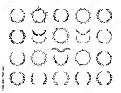Set of different black and white silhouette circular laurel foliate and olive wreaths depicting an award, achievement, heraldry, nobility, emblem, logo. Vector illustration.