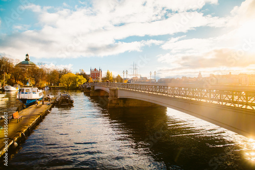 Skeppsholmen bridge in Stockholm at sunset, Sweden photo