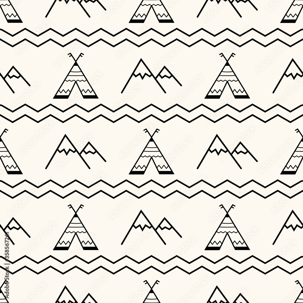 Naklejka premium Vector seamless geometric pattern with wigwams, mountain peaks and zigzag ornament. Scandinavian style background for kids. Cute minimalistic native americans backdrop for prints, textile, fabric