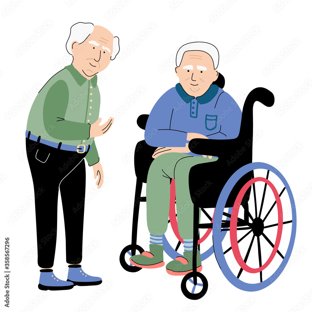 Elderly senior men isolated on white background. Vector illustration of an old people characters. Full length portraits. One man in a wheelchair. Great for design social issue posters.