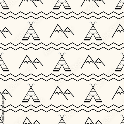 Vector seamless geometric pattern with wigwams, mountain peaks and zigzag ornament. Scandinavian style background for kids. Cute minimalistic native americans backdrop for prints, textile, fabric
