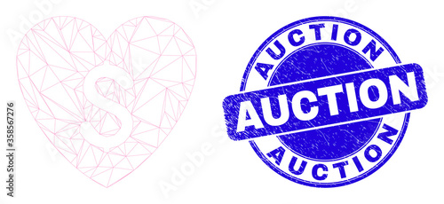 Web mesh love price icon and Auction seal stamp. Blue vector round textured seal stamp with Auction title. Abstract frame mesh polygonal model created from love price icon.