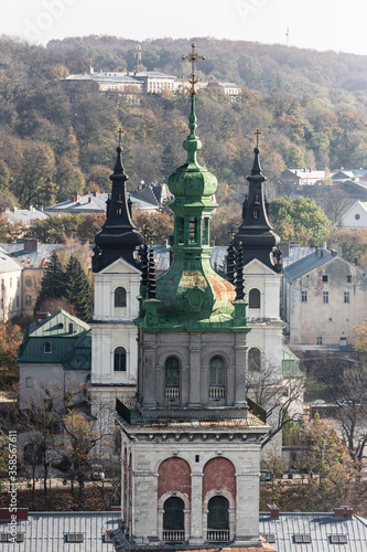 aerial view of carmelite church and korniakt tower in historical center of city