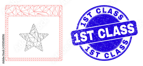 Web carcass star calendar page pictogram and 1St Class seal stamp. Blue vector round grunge stamp with 1St Class caption. Abstract carcass mesh polygonal model created from star calendar page icon.