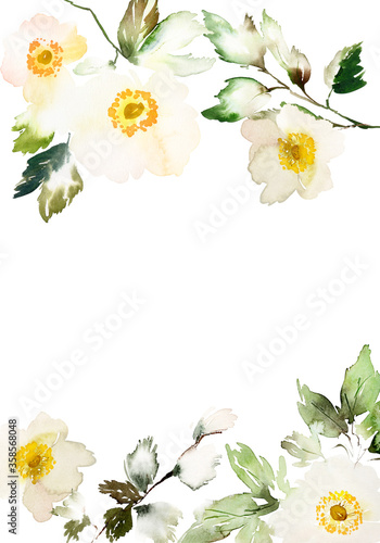Watercolor card with delicate anemones on a white background. Bouquet of summer flowers.