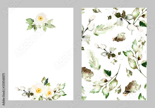 Watercolor card with delicate anemones on a white background. Bouquet of summer flowers.