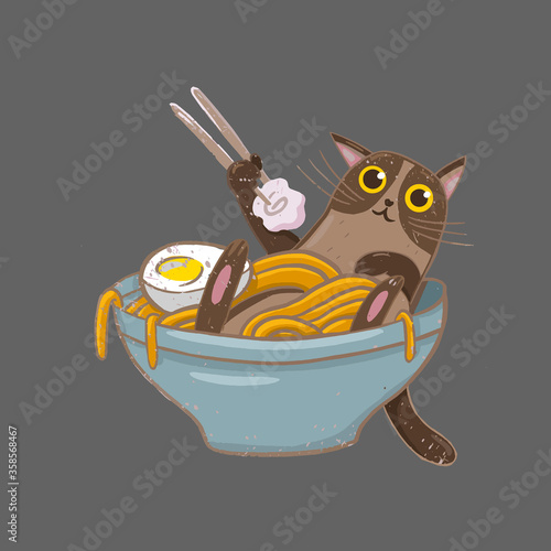 cat  in ramen  bowl