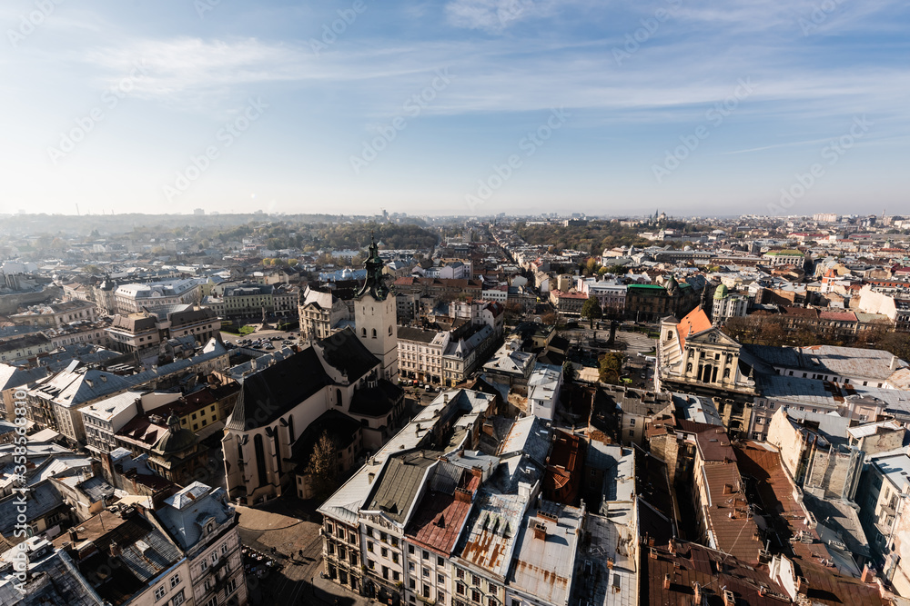 scenic aerial view of city historic center with authentic houses and churches of lviv, ukraine