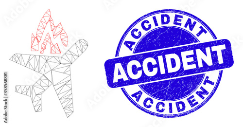 Web mesh airplane crash icon and Accident watermark. Blue vector round distress watermark with Accident phrase. Abstract frame mesh polygonal model created from airplane crash icon.