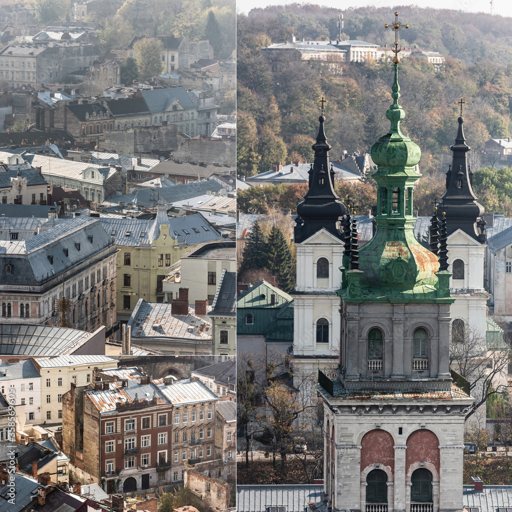 collage of carmelite church and old houses in lviv