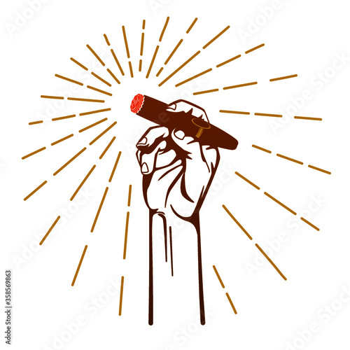 An illustration of hand holding a cigar with line burst