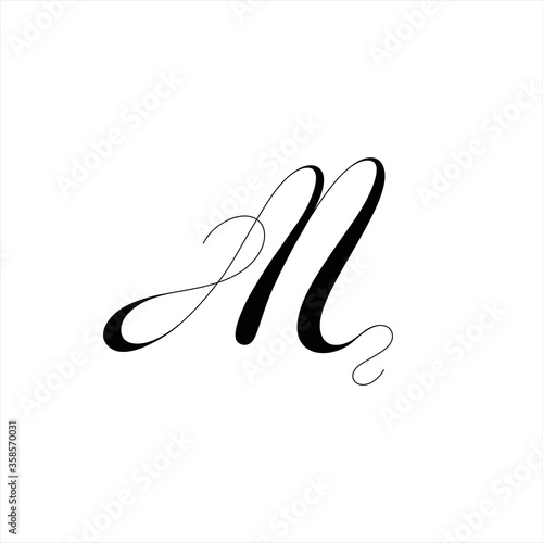 Calligraphic handwritten m letter. Uppercase alphabet initial. Elegant, feminine, wedding character shape.